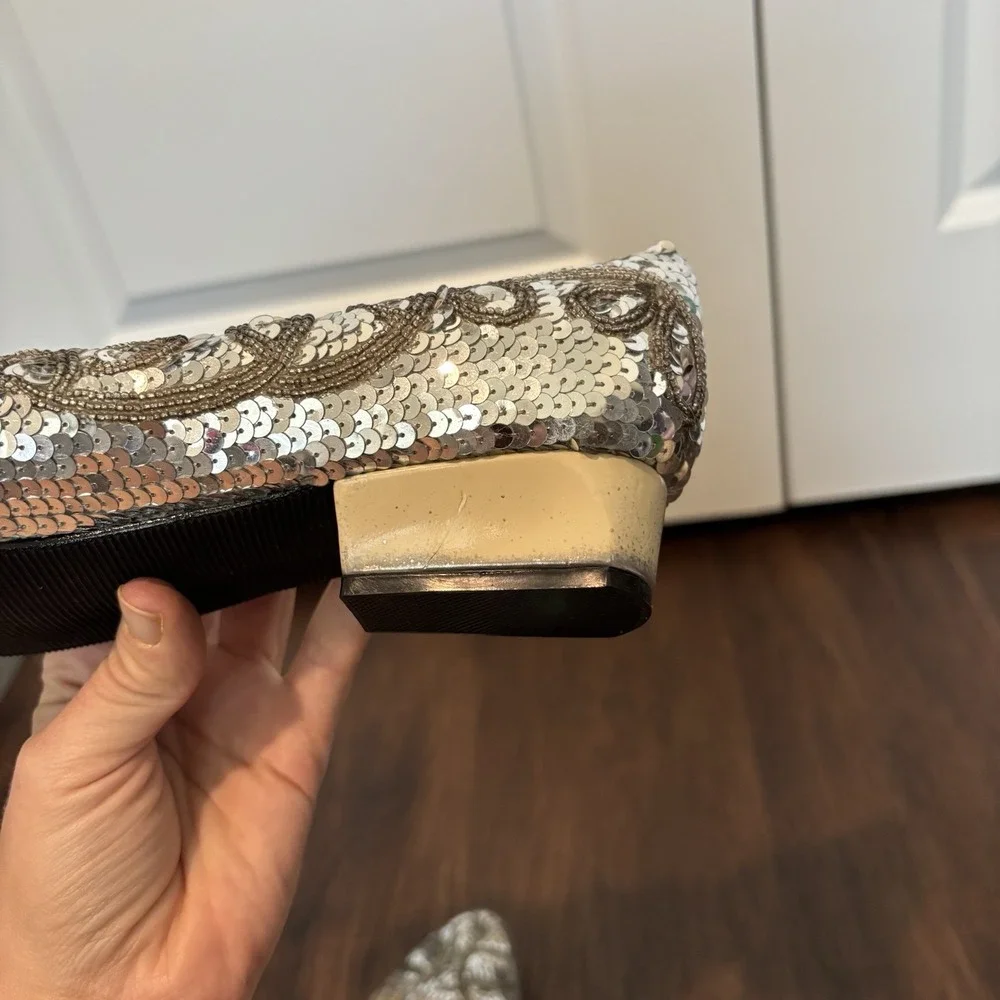 Dolce by Pierre Sz 9.5 Womens Flata Silver Sequin Party Glitter Clubwear‎